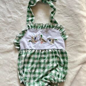 Green Checkered Baby Romper with Duck Embroidery